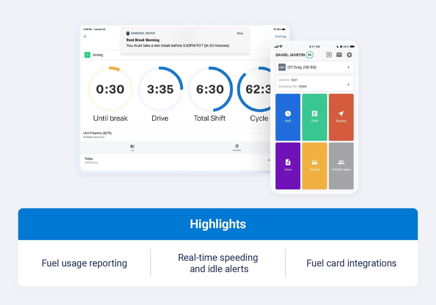 Samsara dashboard and highlight callouts like fuel usage reporting, fuel card integrations and real-time speeding and idle alerts 